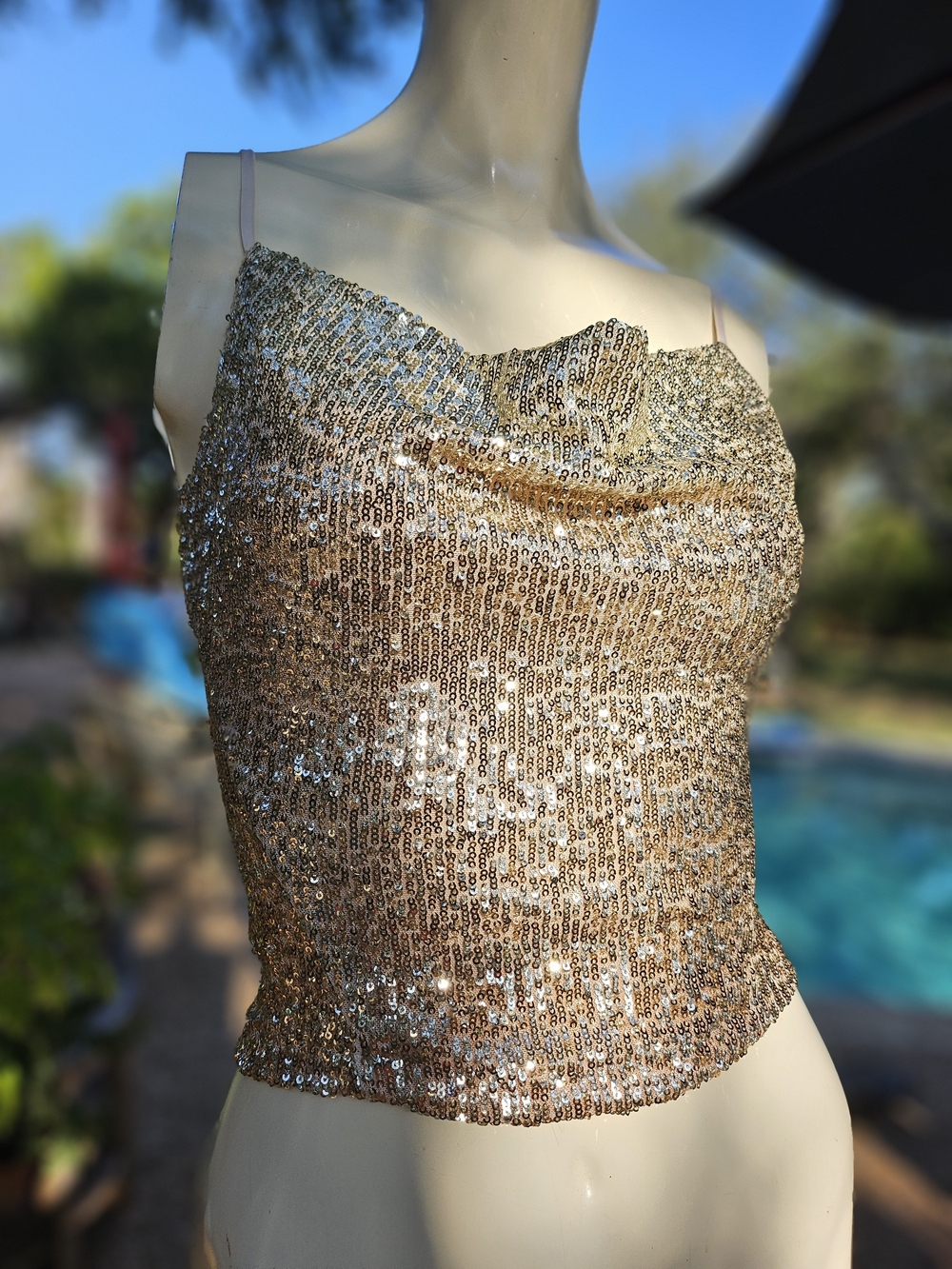 Free People Stop & Stare Gold Sequin Cowl Neck Cami Spaghetti Strap XS